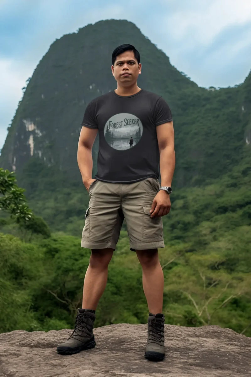 A-man-wearing-a-t-shirt-by-a-mountain.