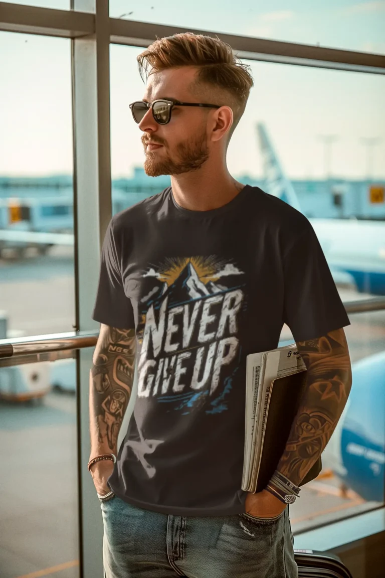 A-man-with-arm-tattoos-wearing-a-t-shirt-and-sunglasses-at-an-airport.