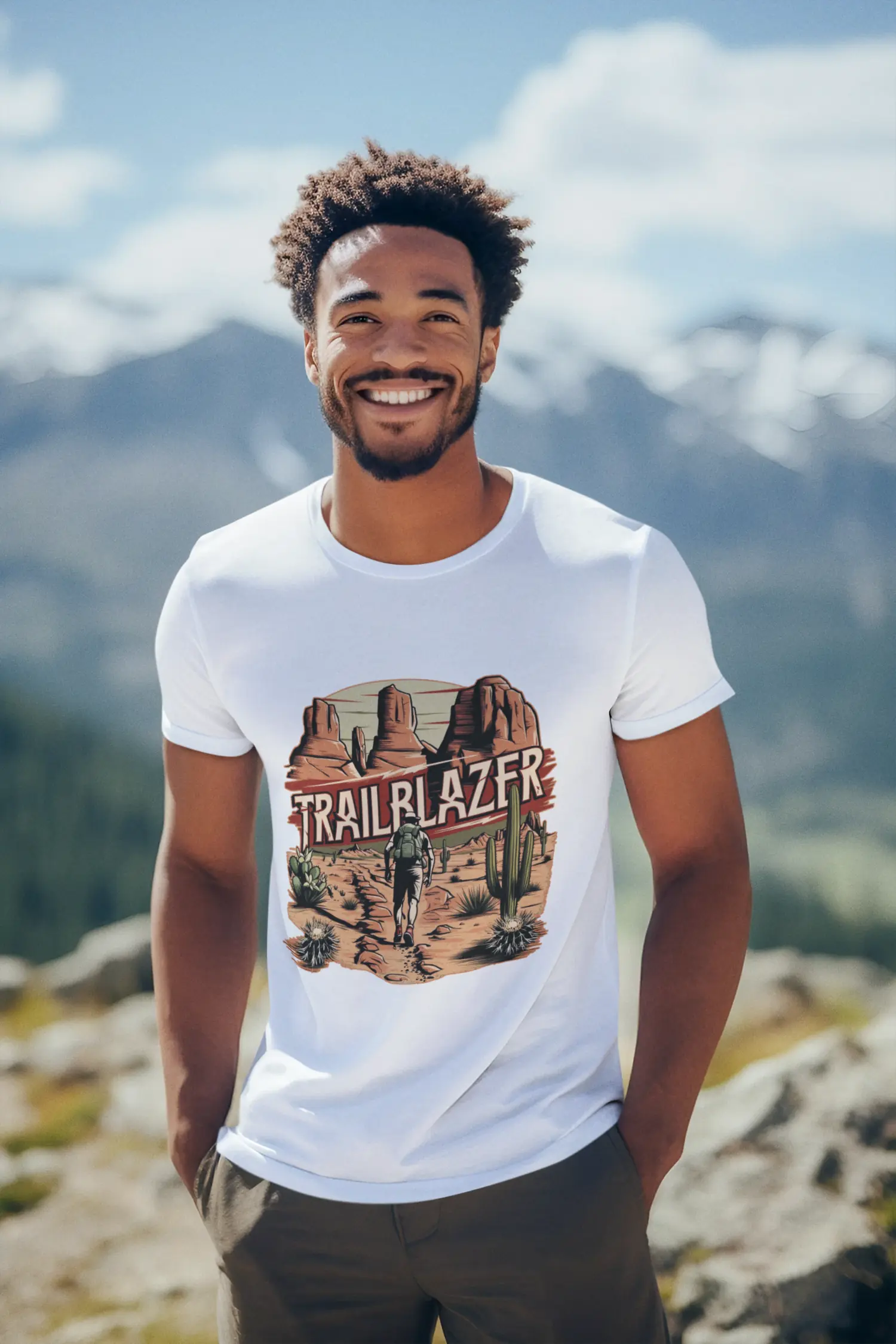 A-smiling-man-wearing-a-t-shirt-at-the-top-of-a-mountain.