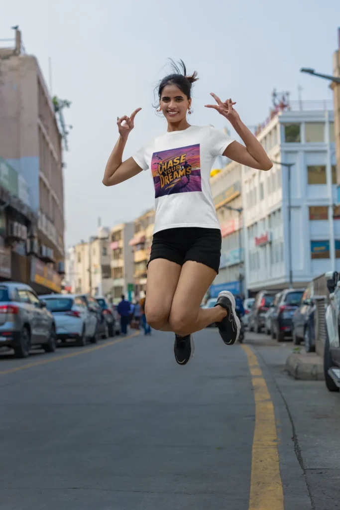 A-woman-jumping-of-joy-on-the-street.