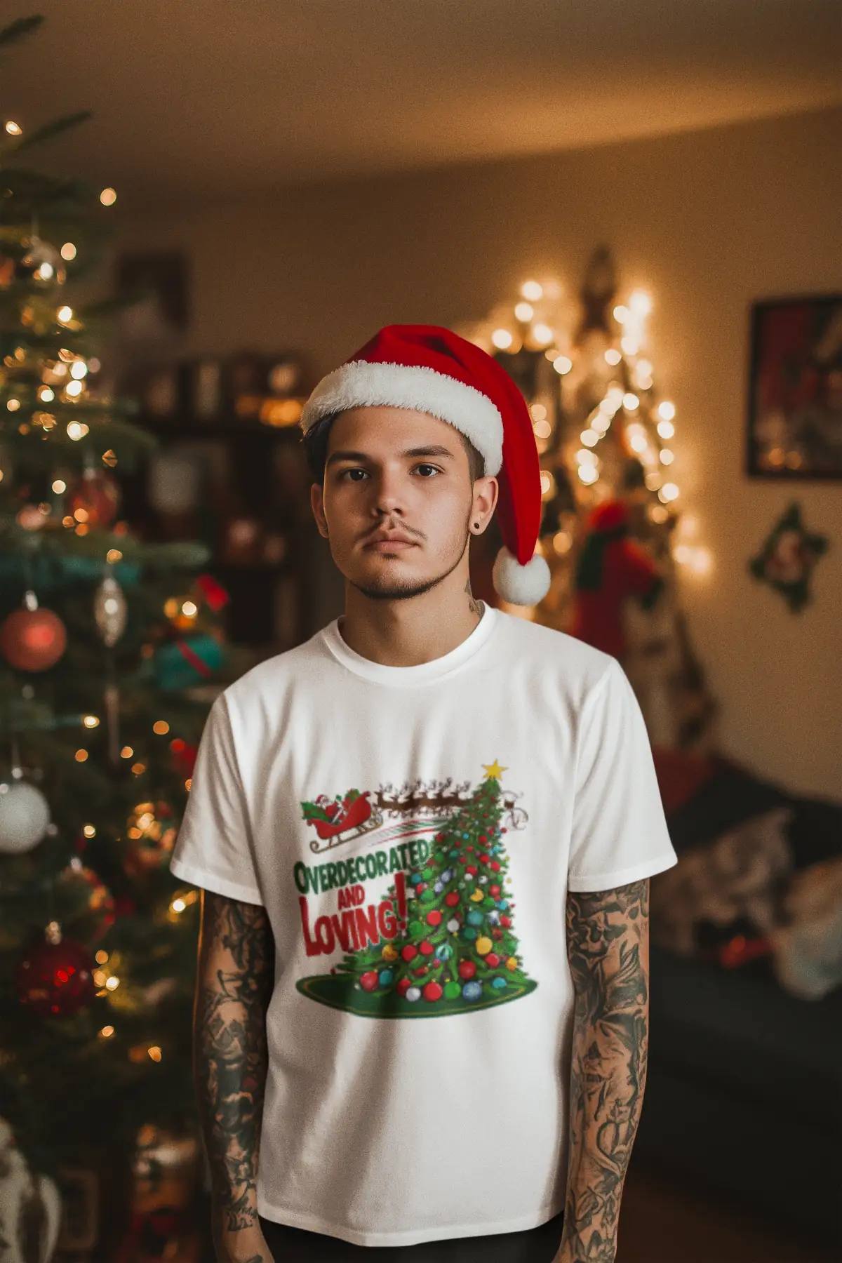 a-mockup-of-a-tattooed-man-wearing-a-t-shirt-in-a-xmas-decorated-room